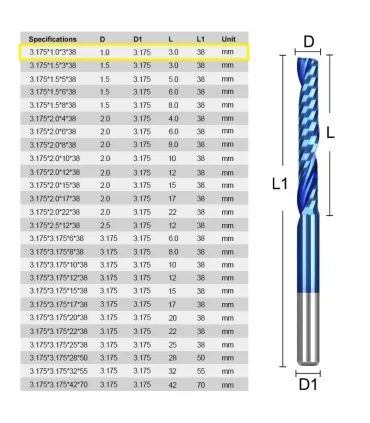 Fresa tungsteno 1 flauta Para Acrilico Madera Vástago ⅛ D1mm