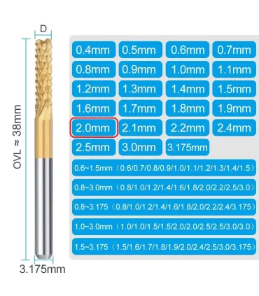 Fresa Carburo Titanio Para Corte Vástago 1/8 D 2.0mm