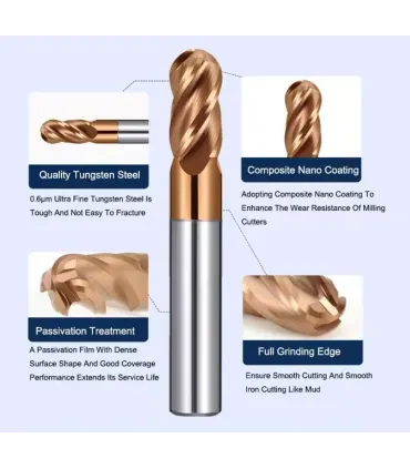 Fresa Punta Redonda R2mm - Metal - Acero Inoxidable - Merkatronix