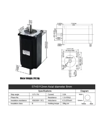 Motor Paso A Paso Nema 23 57HS112 3a Doble Eje 8mm - Merkatronix