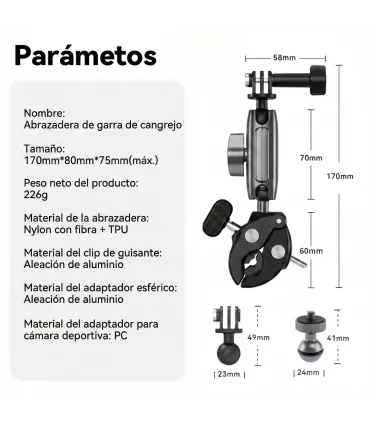 Brazo Pinza Soporte Aluminio Camara Accion Para Moto