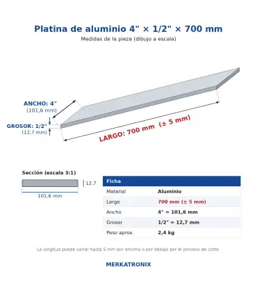 Platina de Aluminio 4 Pulgadas x 1/2 x 700mm | Merkatronix