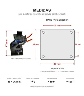 Medidas - Pan/tilt Mini Plataforma Sg90 Cámara - Sensor Ultrasonido Armado