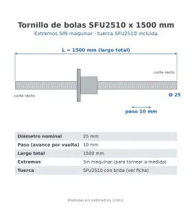 Tornillo De Bola Recirculante 25mm SFU2510 x 1500mm Sin Maquinado + Tuerca