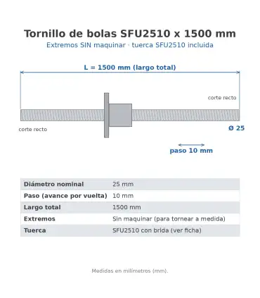 Tornillo De Bola Recirculante 25mm SFU2510 x 1500mm Sin Maquinado + Tuerca