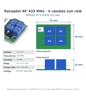 Módulo Receptor Rf 433mhz 4 Canales Con Relé 12v + Caja - Sin Control