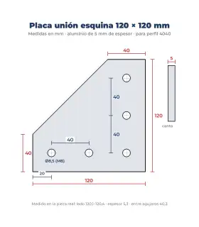 Placa Unión Esquina Para Perfil Aluminio 4040 - 120x120mm