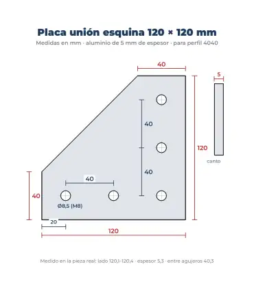 Placa Unión Esquina Para Perfil Aluminio 4040 - 120x120mm