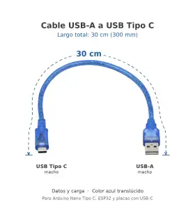 Cable USB A A Tipo C 30cm Para Arduino Nano - ESP32