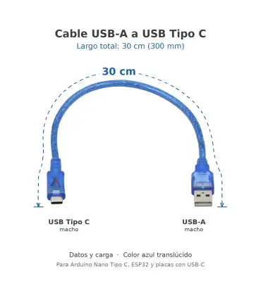 Cable USB A A Tipo C 30cm Para Arduino Nano - ESP32
